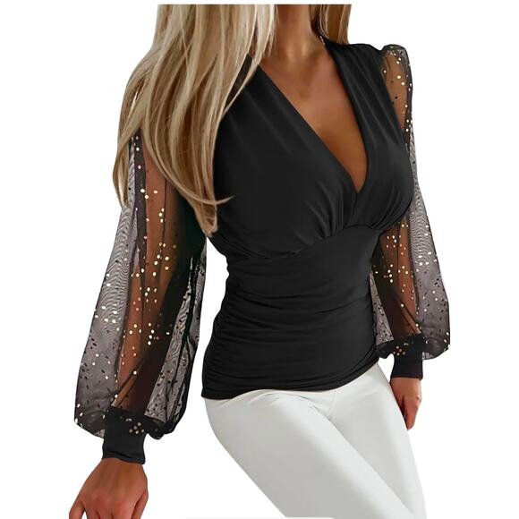 unknown Tops - Black Deep V neck sheer rhinestone embellished puffy sleeve top glam size M